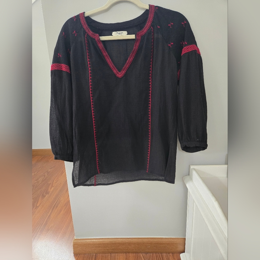 Madewell Gauzed Pullover Blouse V Neck Long Sleeve Embroidered Boho Black XS